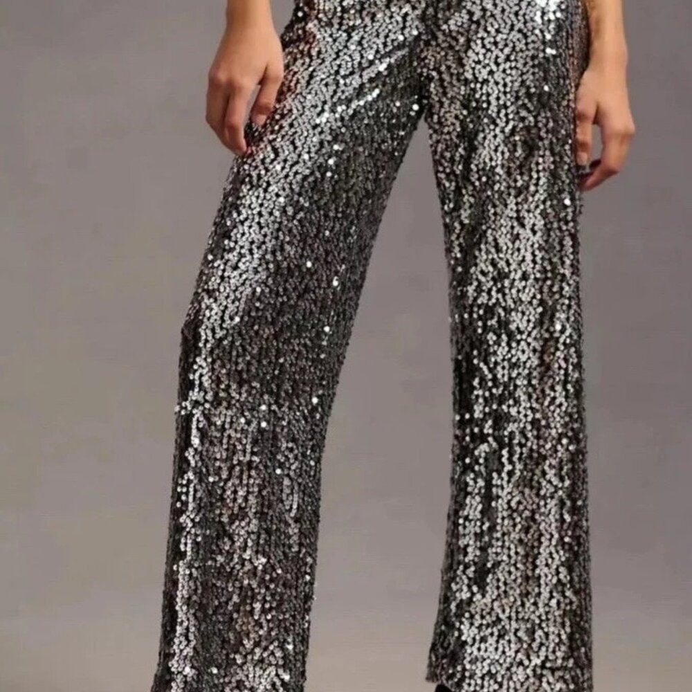 Silver Sequin on Black Anthropologie Maeve Pants